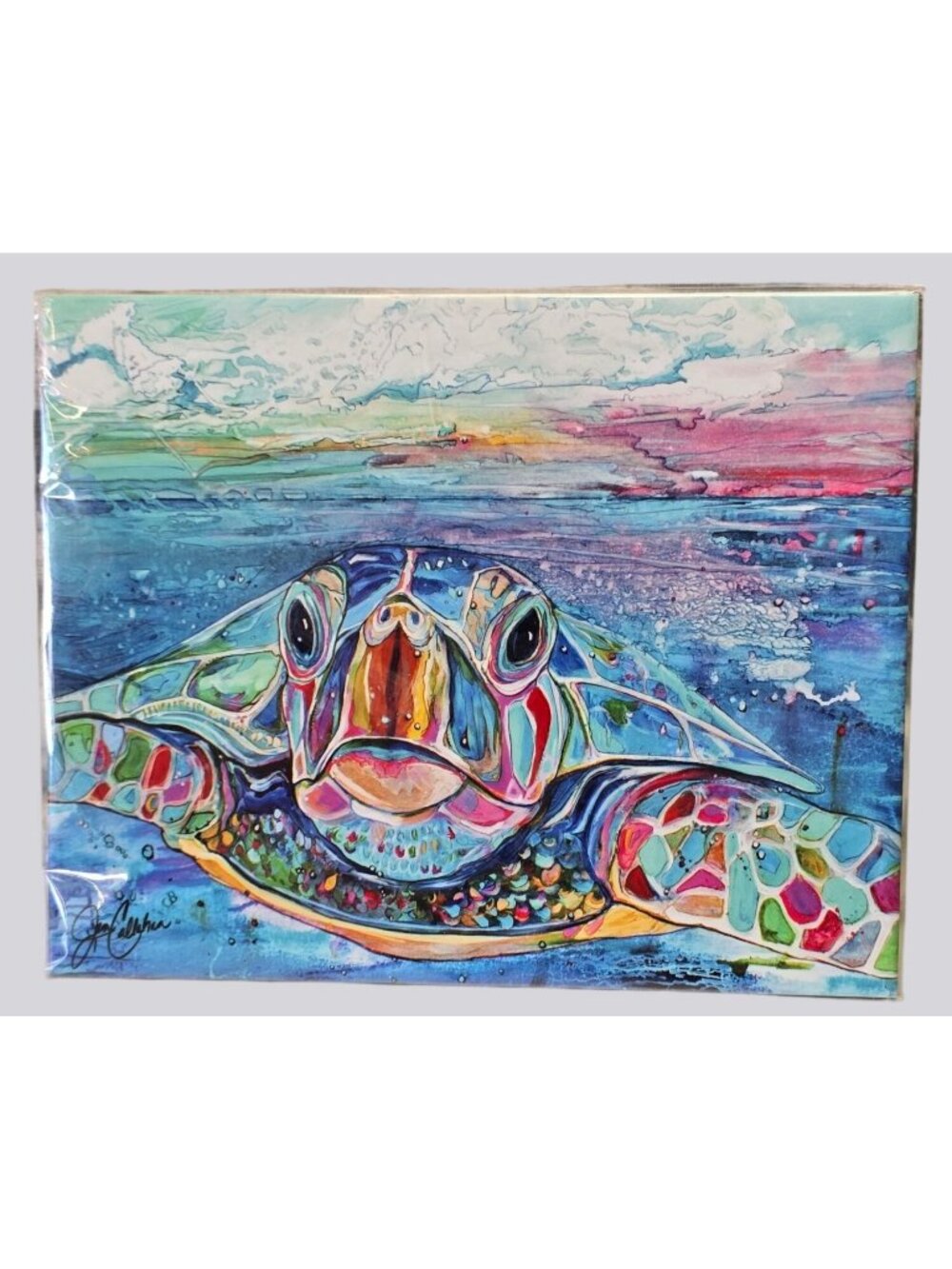 Vintage Jen Callahan "Hello Turtle" Ceramic Tile Art Signed 10" x 8" Colorful